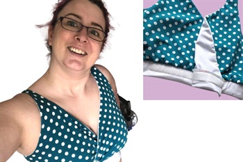 Stephie wearing the velcro front opening bra with a close up of the velcro opening in the top corner